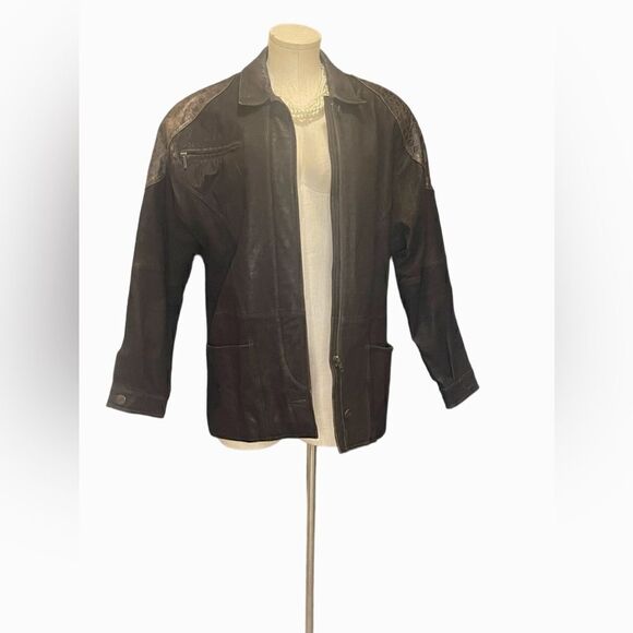 Stylish Vintage Brown Animal Print Leather Jacket by Marc Buchanan for Tanney We - Picture 1 of 3